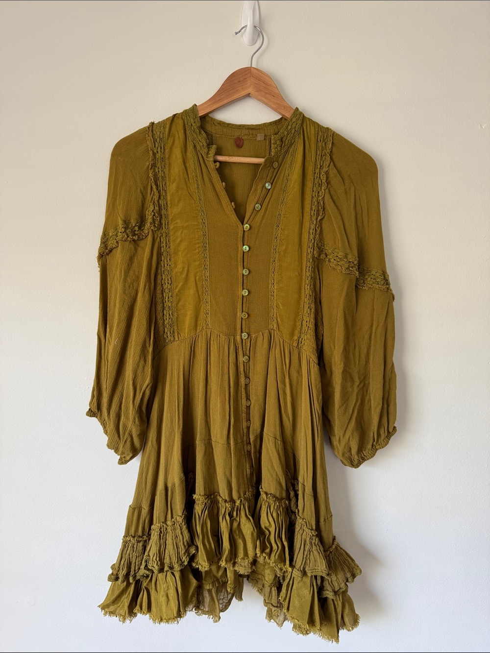 Free People One Ambrosia Olive Green Button-Front Ruffle Tunic Dress